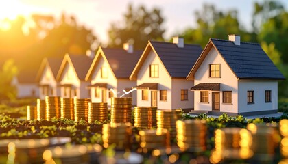 Row of miniature houses with stacks of gold coins.  Sunrise