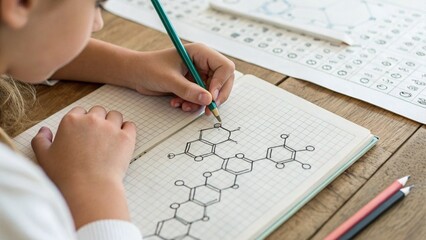 Close-up shot of girl’s hands drawing structural formulas of organic compounds in a notebook, periodic table partially in background
