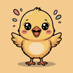 A cute cartoon chick with big eyes and open beak standing on a light orange colored background