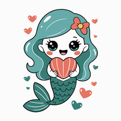 Cartoon mermaid with blue hair holding a heart surrounded by floating hearts on a white background