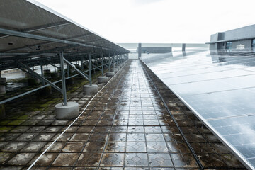 solar panels in heavy rain at horizontal composition