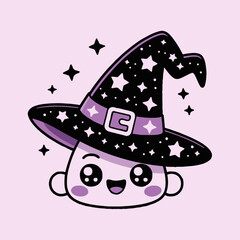 An illustration of a cute cartoon character wearing a witch hat with stars on a light purple background
