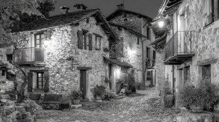 Nighttime stone village alleyway