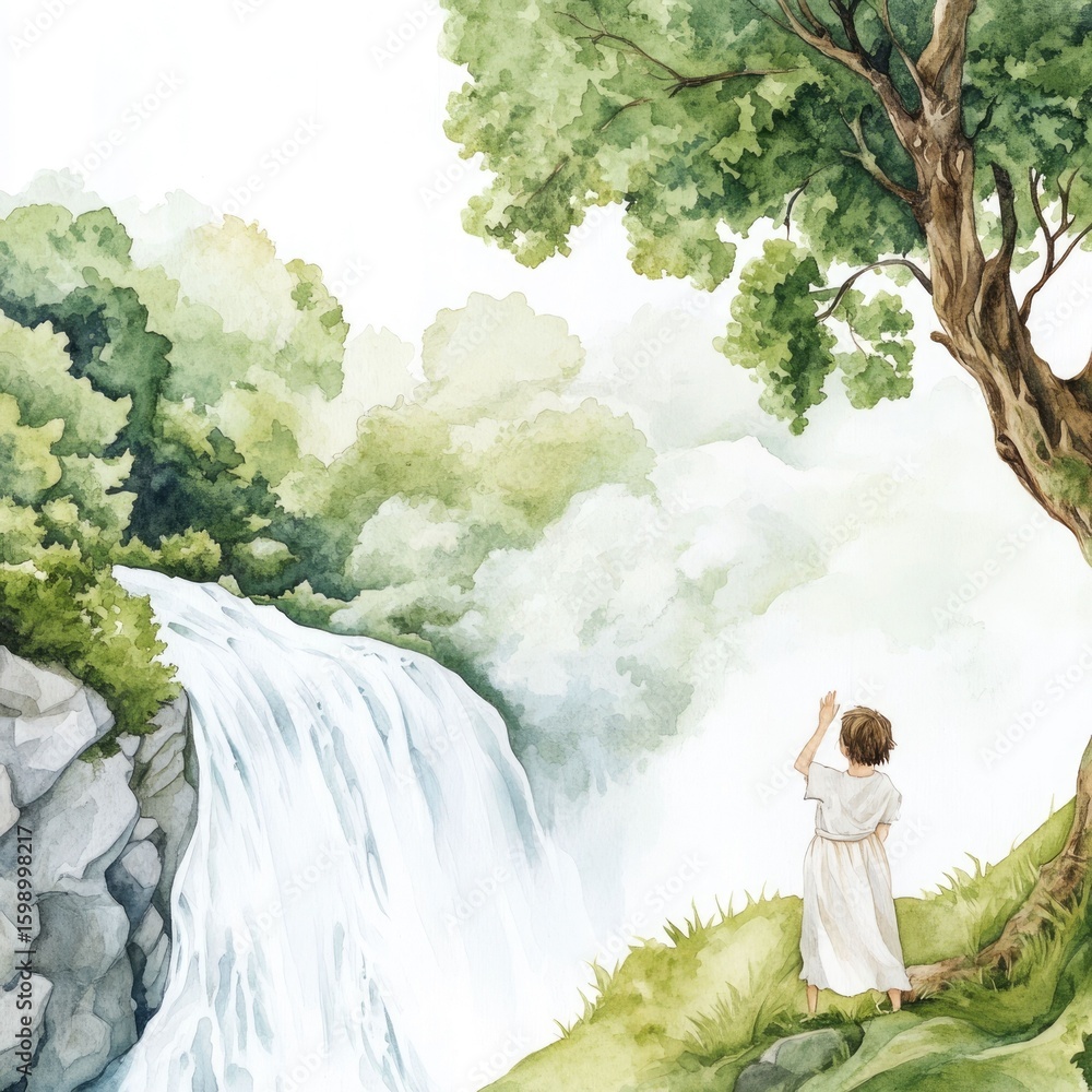 Poster captivating watercolor scene of a child exploring and discovering a hidden waterfall in the serene l