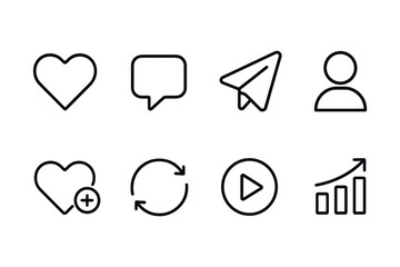 Simple outline icons: heart, chat, send, user, add, refresh, play, growth