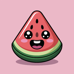 A cartoon watermelon slice with a cute face on a pink background with a shadow underneath it