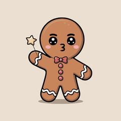 A cartoon gingerbread man holding a star wand with a bow tie and buttons on a light background