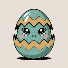 Cartoon illustration of a cracked turquoise egg with large eyes and a cute expression on a plain background