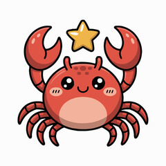 A cartoon crab with big eyes and a smile under a yellow star on a white isolated background