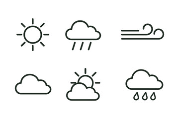 Simple weather icons: sun, clouds, wind, and rain symbols