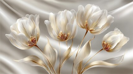 Elegant Delicate Gold And White Tulips On Silk Fabric