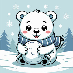 A cartoon polar bear with a scarf holding a snowball in a winter scene with snowflakes falling