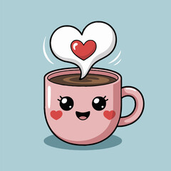 A cute pink coffee mug with a happy face and a heart shaped steam on a light blue background