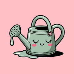 A cartoon watering can with a cute face and closed eyes on a pink background with a shadow casted