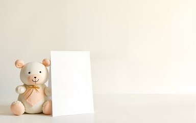 5x7 greeting card party invitation product mockup. Baby shower 1st birthday Christening gender neutral party. Styled against a boho Scandi theme beige and white background. Negative copy space.