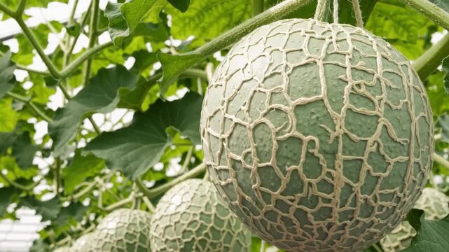 Close up of cantaloupe melons hanging on vines in a garden with green leaves and stems visible