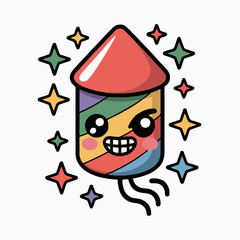 A cartoon firework with a face surrounded by colorful stars on a white isolated background design