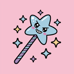 A cartoon star wand with a mischievous expression surrounded by smaller stars on a pink background