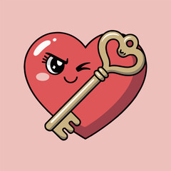 Cartoon heart winking with a golden key resting across it on a light pink background color image