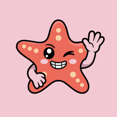 Cartoon starfish character waving with a wink and a smile on a light pink colored background