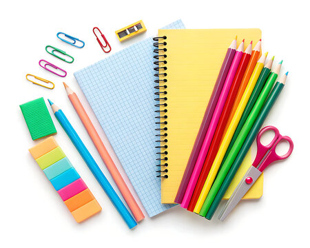 Overhead shot of a collection of school supplies including notebooks pencils and paperclips on white backdrop