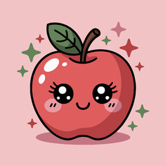 Illustration of a cute red apple with big eyes, a leaf, and stars on a light pink background