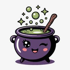 A cartoon witch cauldron with a happy face and a wooden spoon and bubbles and stars around it