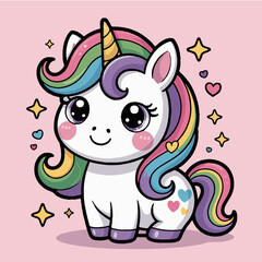 Cartoon unicorn with rainbow mane and tail on a pink background with stars and hearts around it