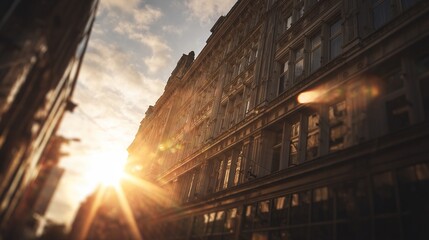 Grand architecture basks in sun, view from below, building exterior, lens flare