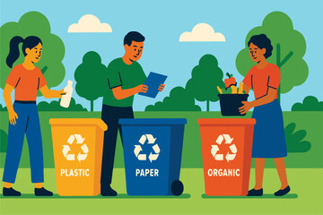 Flat Vector Illustration of People Recycling Trash in Park – Plastic, Paper, Organic Bins – Eco-Friendly Scene