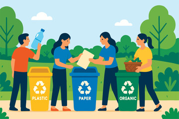 Flat Vector Illustration of People Recycling Trash into Plastic, Paper, and Organic Bins in a Clean Park