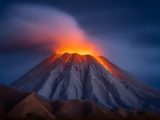 dramatic photograph of a volcanic eruption with flowing lava and ash plumes