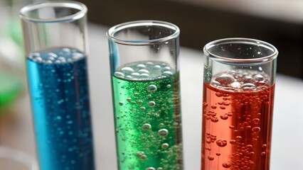 Close-up of test tubes with bubbling liquids in blue, green, and red, labeled with chemical names, shallow depth of field