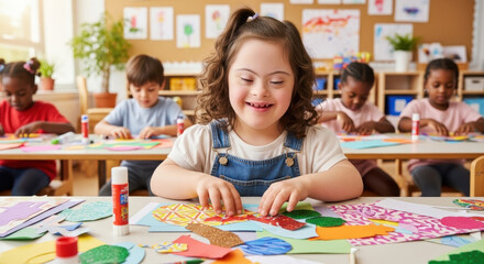 Young girl with down syndrome smiles while doing crafts with other children in a classroom setting
