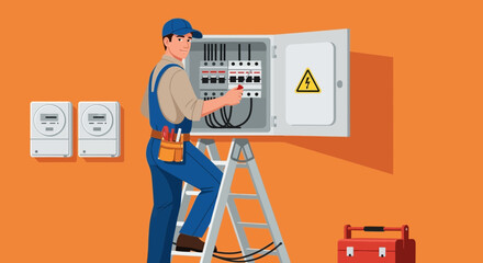 An electrician on a ladder is working on an electrical panel, with meters on the wall and a toolbox nearby.