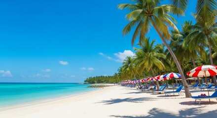 Tropical beach scene with palm trees, umbrellas, and sun loungers.