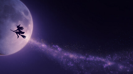 halloween night background of big moon and witch