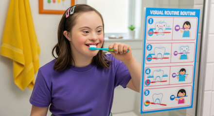 A girl with down syndrome brushing her teeth in the bathroom with a visual routine chart nearby