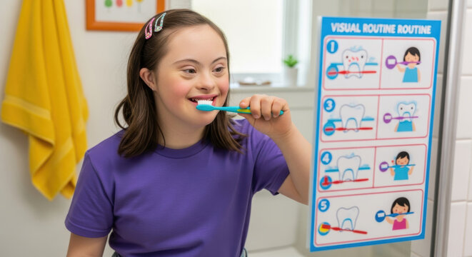 A girl with down syndrome brushing her teeth in the bathroom with a visual routine chart nearby - Powered by Adobe