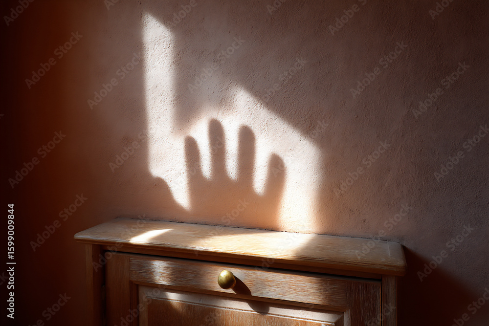 Poster playful photograph of shadows of people or objects making funny and unexpected shapes on a wall