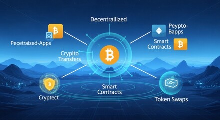 Bitcoin ecosystem showcasing decentralized applications, smart contracts, crypto transfers, and token swaps.