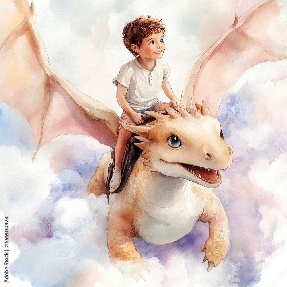 Poster A whimsical watercolor of a child joyfully riding a friendly dragon through a dreamlike scene of soft pastel clouds creating an adventurous and enchanting atmosphere