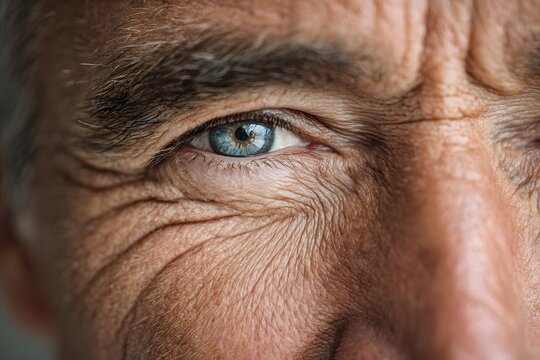 Close-Up of a Blue Eye with Wrinkles - Detailed Macro Shot of Aging Skin Texture and Expression