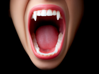 Naklejka premium close-up photograph of a mouth with sharp, unnatural teeth slightly agape
