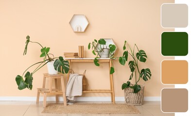Interior of room with table, books and Monstera plants. Different color patterns