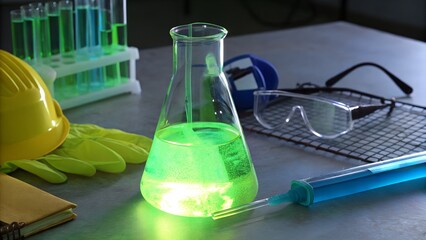 Glass beaker with glowing neon-green liquid under UV light, surrounded by pipettes and safety equipment