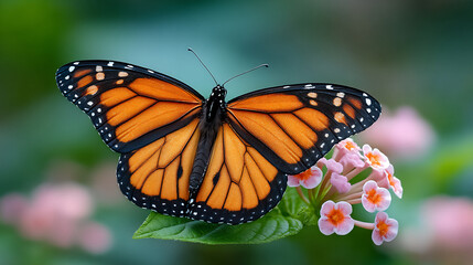 Fototapeta premium serene photograph of a monarch butterfly with vibrant orange and black wings resting on a flower