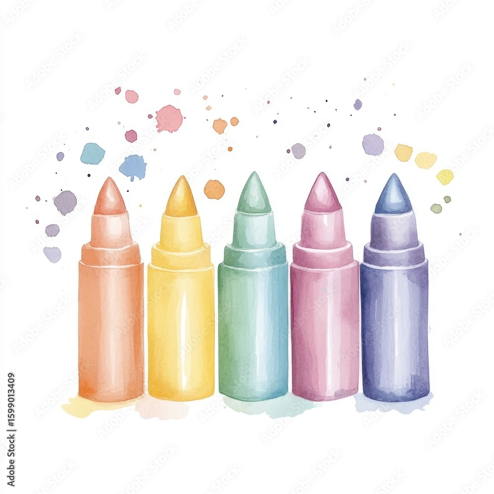 Poster enchanting watercolor showcasing a vibrant spectrum of colorful highlighters lined up blending softl