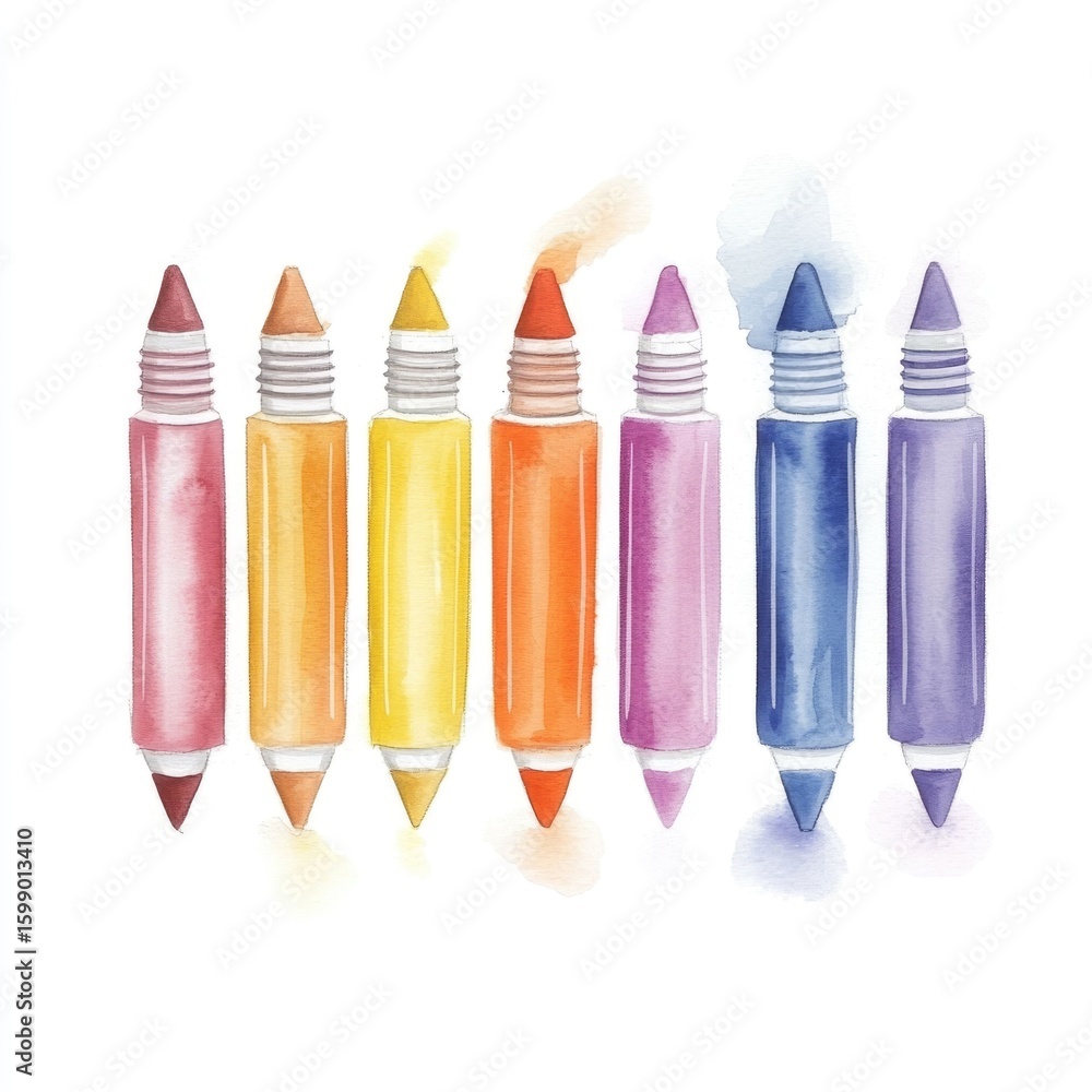 Poster enchanting watercolor of colorful highlighters lined up in a vibrant spectrum blending softly to cre