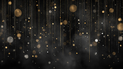 Abstract wallpaper of vertical particles with glowing bokeh lights in luxurious gold and silver tones